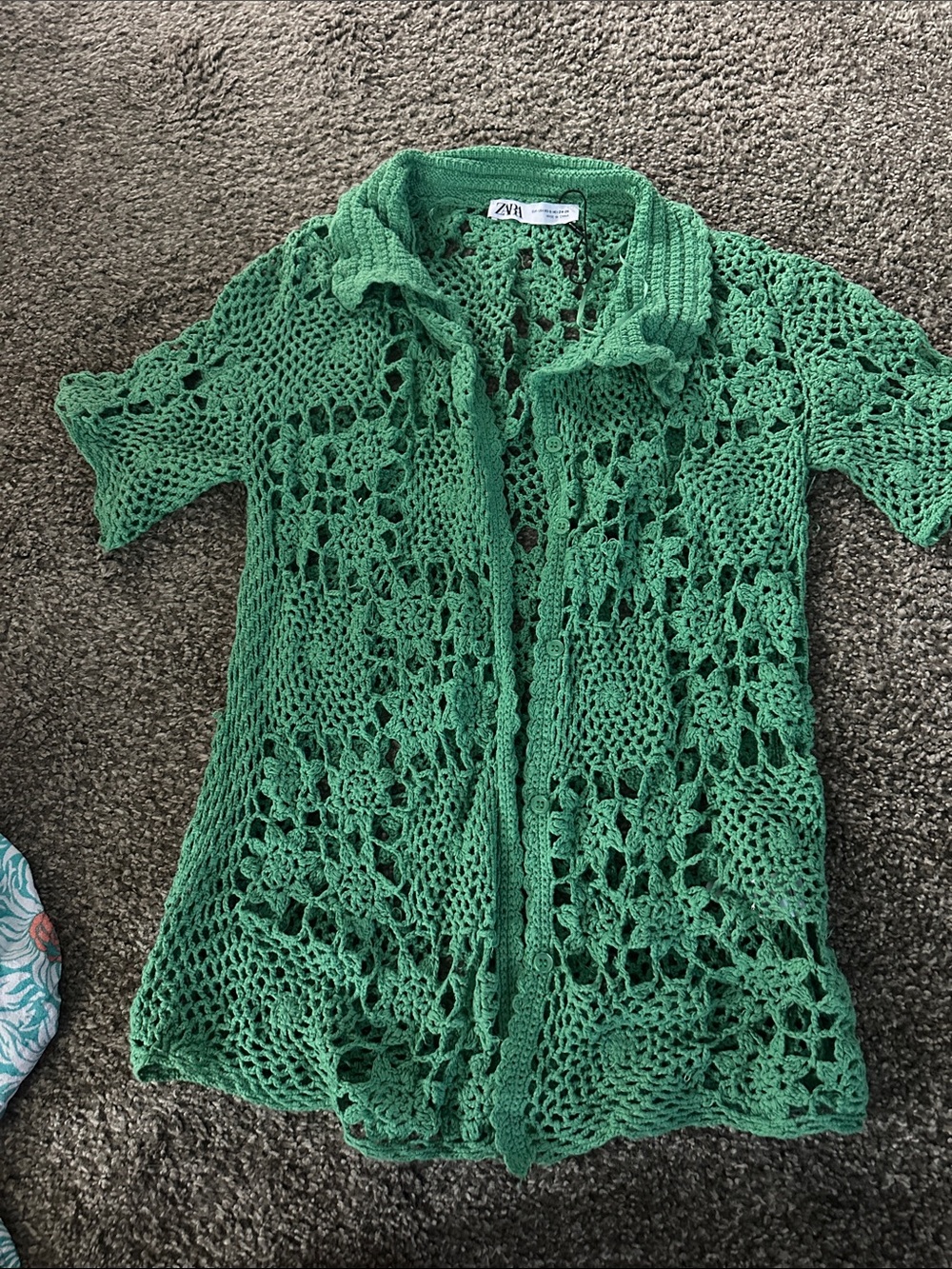 Zara Bright Green Crochet Openwork Short-Sleeve Cardigan